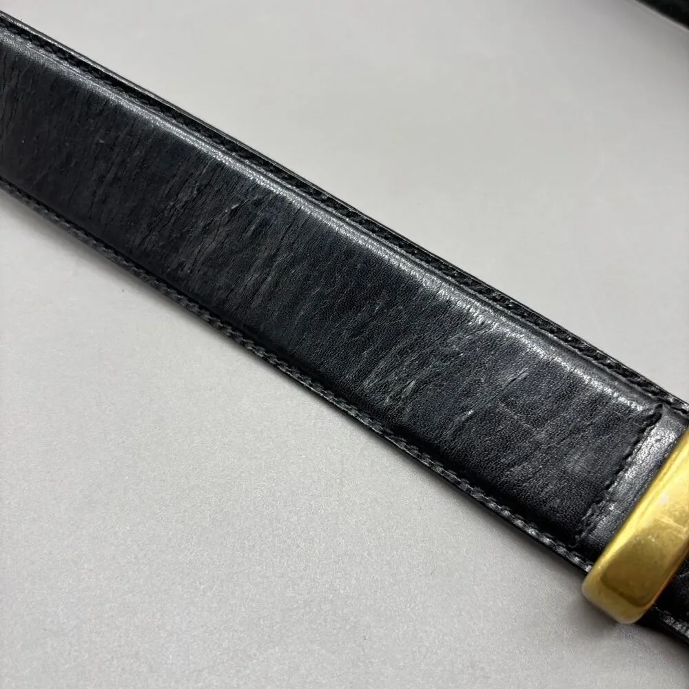 Vintage Fossil Y2K Black Full Grain Leather Belt Solid Brass Buckle Wmns Small